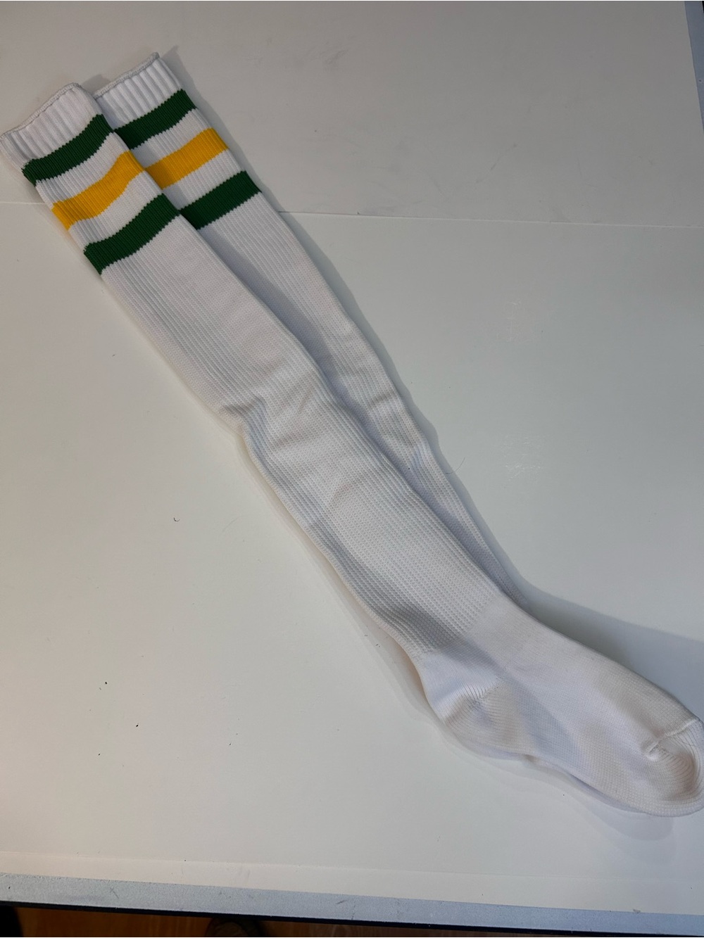 White Thigh -High Socks with Green and Yellow Stripes
